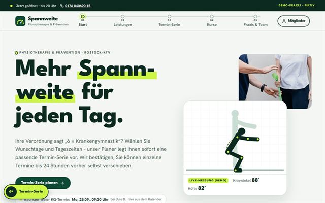 Startseite der Beispiel-Website Spannweite Physiotherapie mit einer Figur in Bewegung