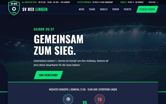 Startseite der Beispiel-Website SV Rex Lingen mit „Gemeinsam zum Sieg“ und Hinweis auf das nächste Heimspiel