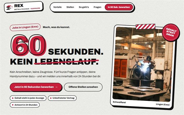 Karriereseite der Beispiel-Website Rex Metalltechnik mit dem Versprechen „60 Sekunden – kein Lebenslauf“