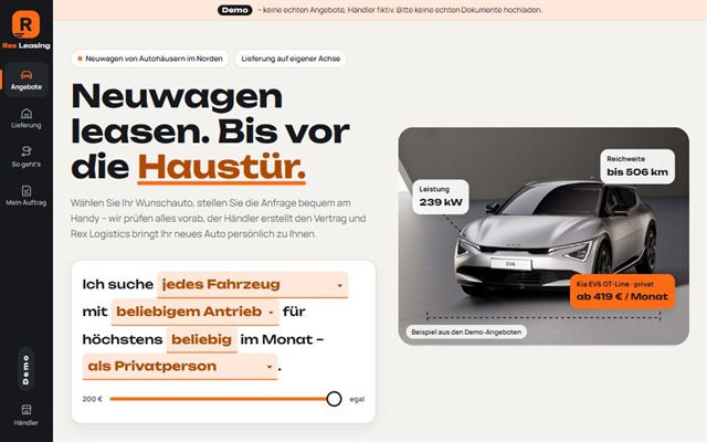 Startseite der Beispiel-Plattform Rex Leasing mit Rechner für Wunschrate und Laufleistung