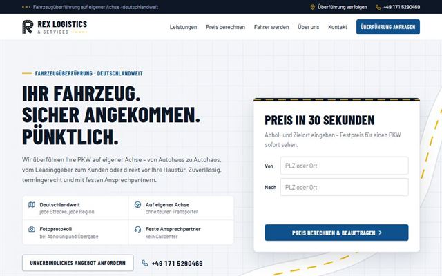 Startseite von Rex Logistics mit Preisrechner „Preis in 30 Sekunden“